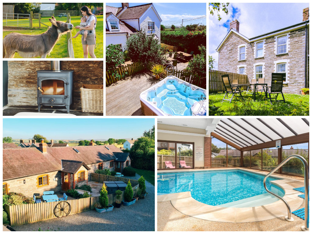 collage of images showing child and family friendly welsh cottage holidays at croft farm