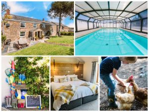 collage of images showing child and family friendly holidays at court farm bude