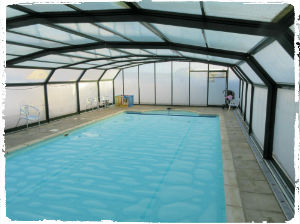 The fantastic indoor swimming pool (with retractable roof!) at Court Farm