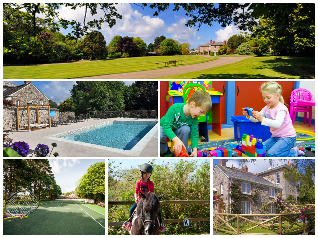 collage of images showing child and family friendly cornwall holidays at broomhill manor