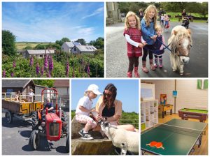 collage of images showing child and family friendly holidays at lower campscott farm