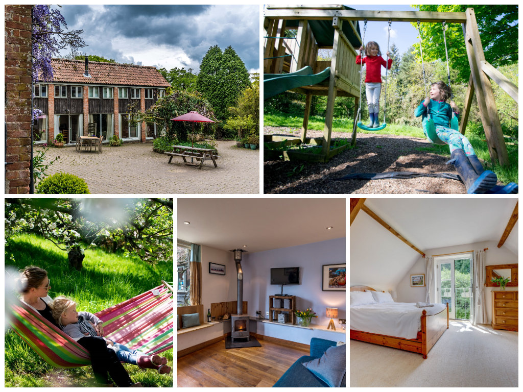 collage of images showing child and family friendly devon holidays at mazzard farm