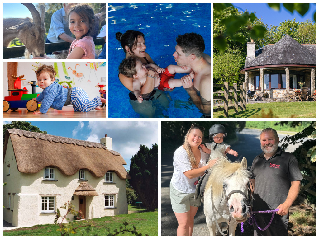 collage of photos showing child and family friendly holidays at bosinver farm cottages, cornwall
