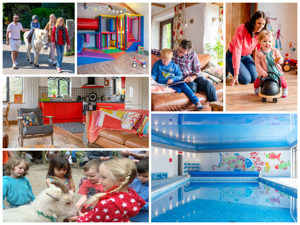 collage of images showing child and family friendly holidays at bosinver, cornwall