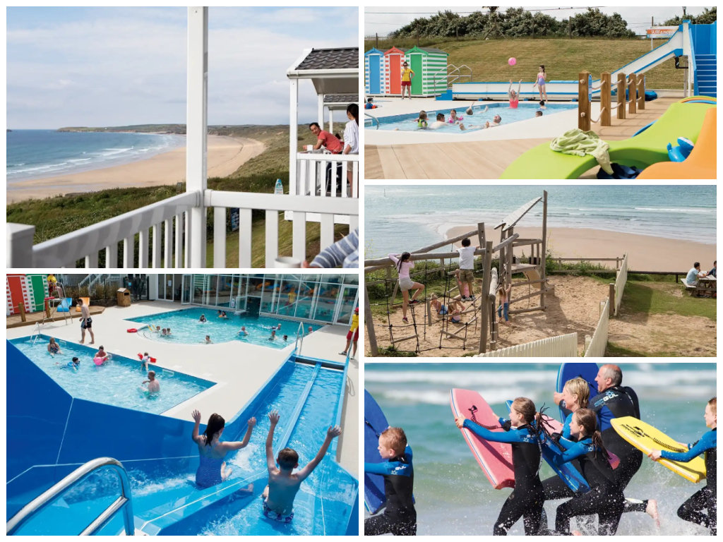 collage of images showing child and family friendly holidays at riviere sands holiday park cornwall