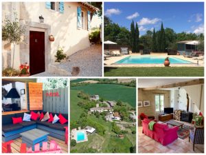collage of images showing child and family friendly holidays at hameau de montengrand, france