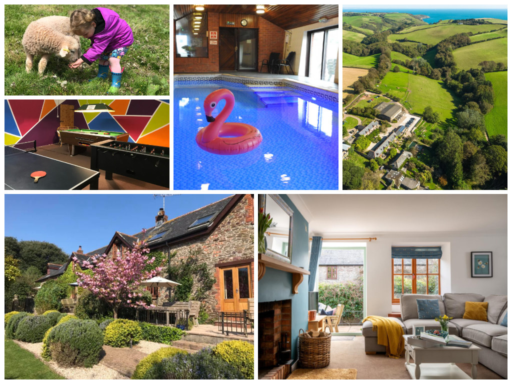 collage of images showing child and family friendly holidays at nethway farm, devon