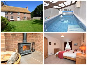 farm cottage with pool and hot tub collage