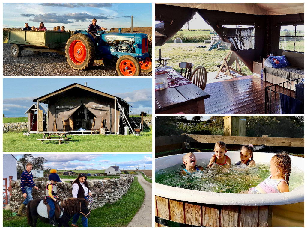 collage of images showing child and family friendly glamping holidays at balnab farm scotland