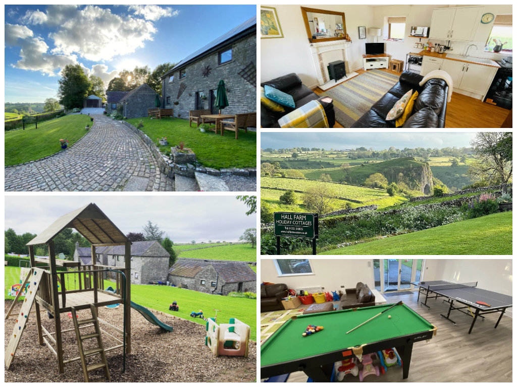 collage of images showing child and family friendly peak district holidays at hall farm wetton