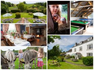 collage of images showing child and family friendly devon holidays at stickwick manor and cottages