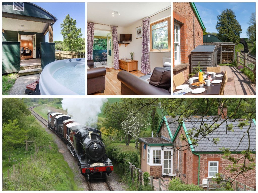 collage of images showing child and family friendly somerset holidays at the railway cottage and carriage