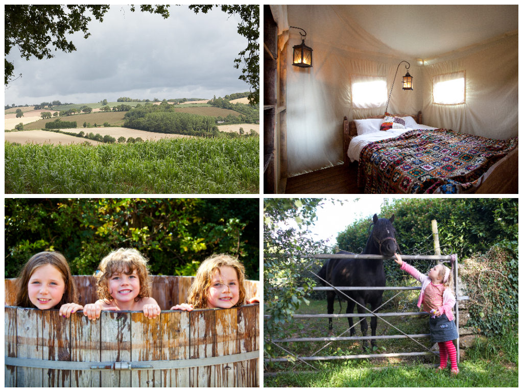 collage of images showing child and family friendly glamping holidays at hollings hill farm near the cotswolds