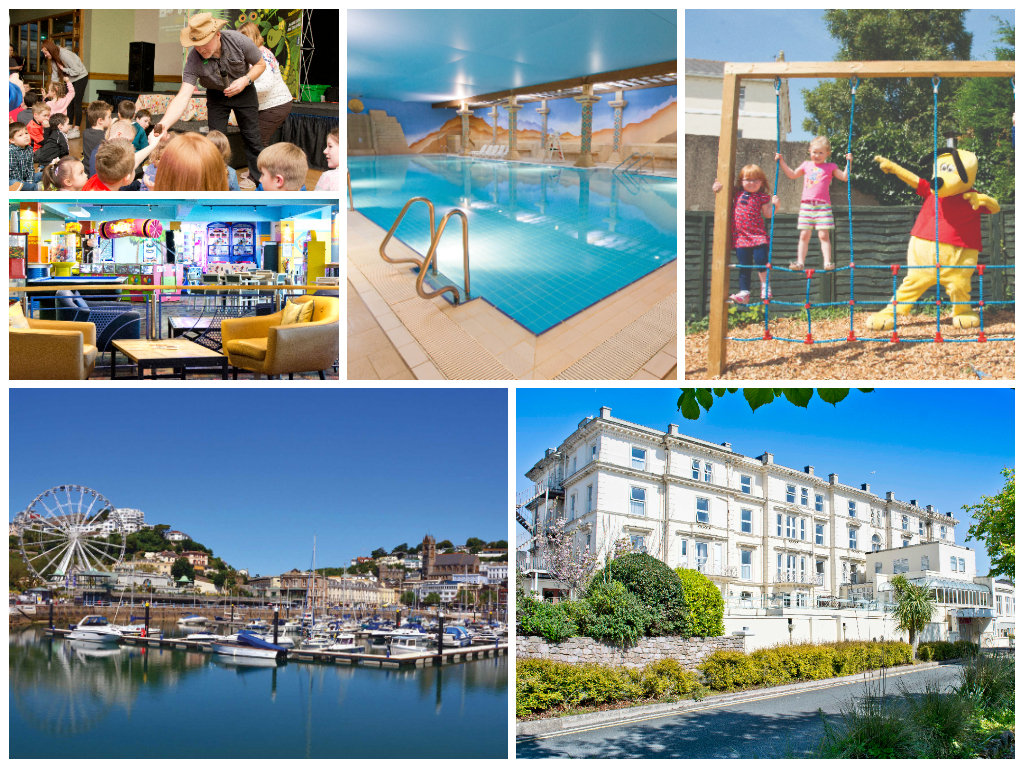 collage of images showing child and family friendly holidays at tlh leisure resort torquay