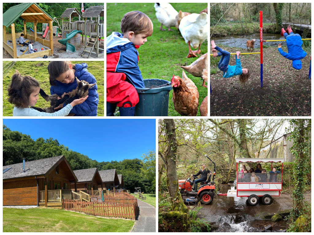 collage of images showing child and family friendly cornwall holidays at coombe mill