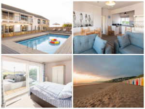 collage of images showing child and family friendly devon holidays at the woolacombe beach retreats